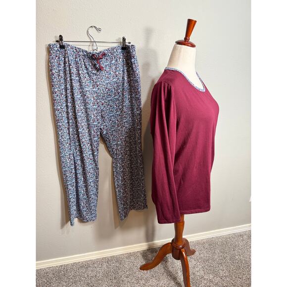 Lands' End sleep set maroon long sleeve top & floral pull on pants stretch Sz L - Picture 3 of 10